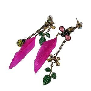 Betsey Johnson Vintage Feather Ladybug & Bee Earrings With Enamel Leaves & Bow D